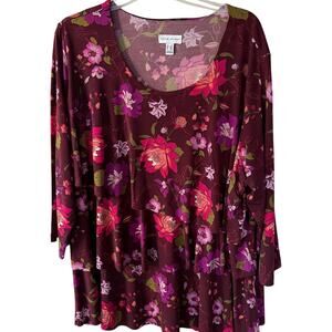 Susan Graver Liquid Knit Tripple Layer Burgundy floral pullover blouse size 2X